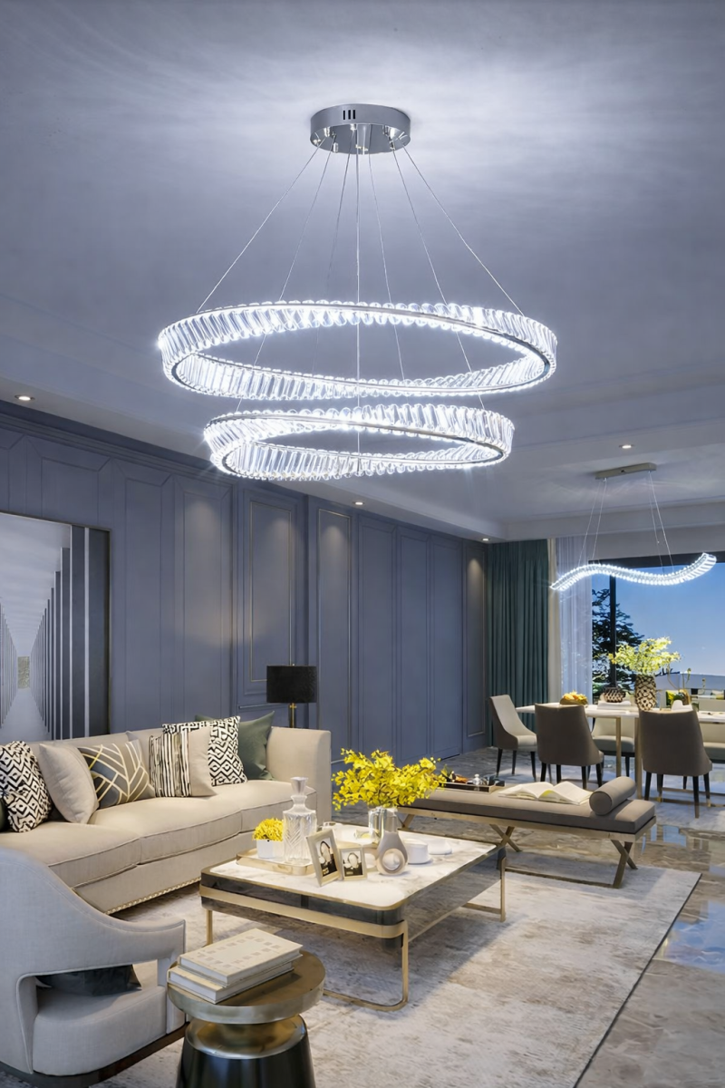 Елітна підвісна LED люстра на 2 кільця 80+60 см кришталь у сріблі Crystal Ring (P625/800+600CH)