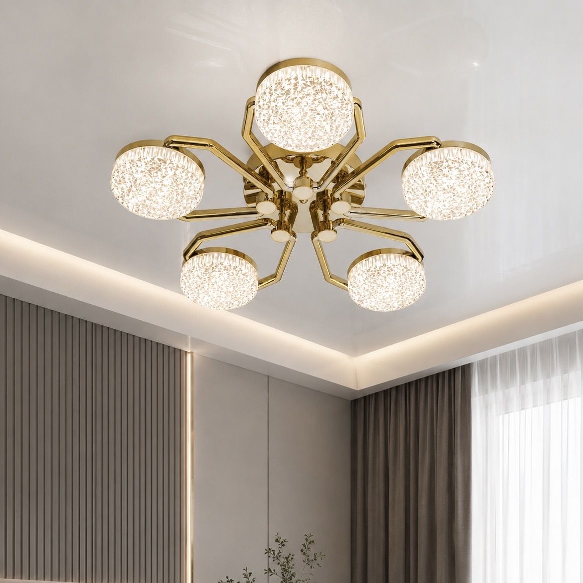 Стельова LED люстра до 13м² в кольорі золото з пультом Golden Penta Crystal (52W)