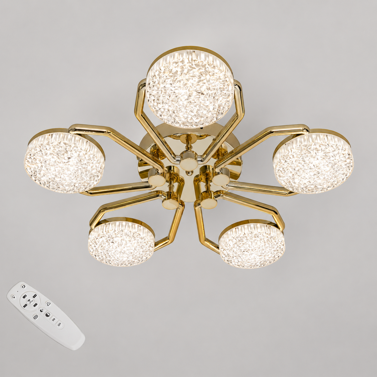 Стельова LED люстра до 13м² в кольорі золото з пультом Golden Penta Crystal (52W)
