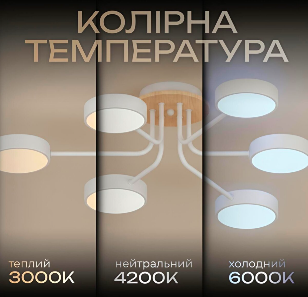 Біла світлодіодна люстра Sirius 72W з елементами дерева до 18 м² (XI3333-6)