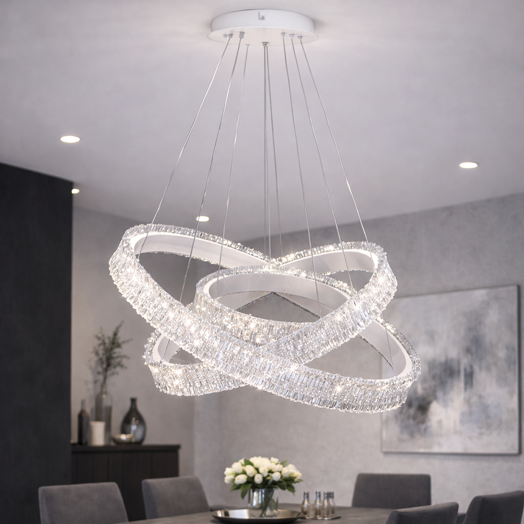 Підвісна LED люстра 3 кільця 80/60/40 см, біла, кришталевий блиск (WG5127/80+60+40WH)