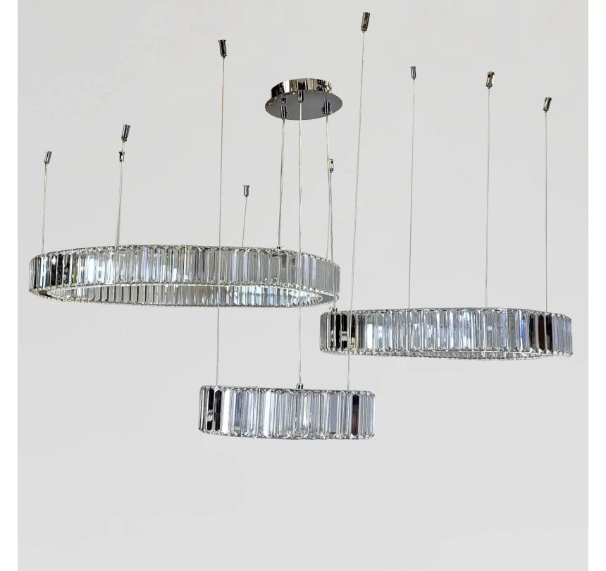 Каскадна кришталева LED люстра на 3 кільця 110 Wt для великої кімнати до 35м² "Triple Chrome Rings" (510578/30+50+70CH)