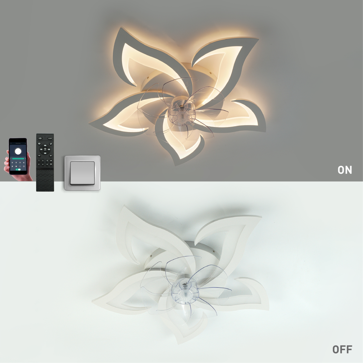 Led люстра з вентилятором до 18 м² форма лотос білий (FAN ELLA 72W+18W 5F)