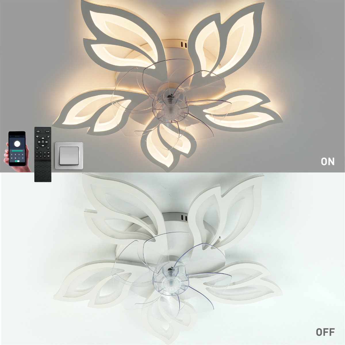 Люстра вентилятор Led 110Wt лепестки белая до 18 м² (FAN ASTRA 85W+18W 5F)