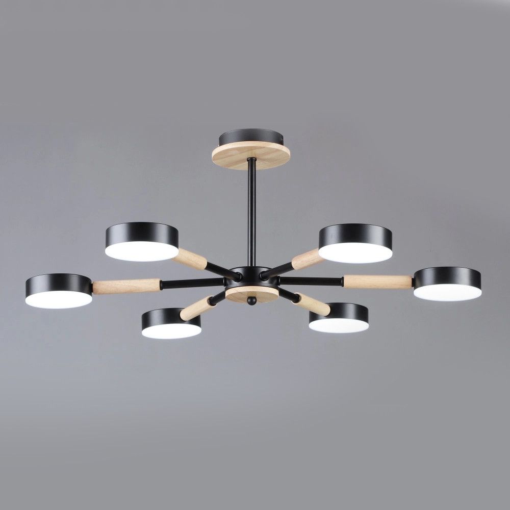 Світлодіодна чорна Led-люстра на 6 плафонів, 90W до 18 м² Sirius B N6351/6 BK+WOOD