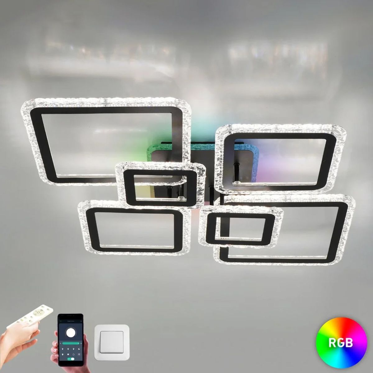 Чорна світлодіодна люстра Led до 23 м² з пультом 120 Вт (OVAL ICE RGB 7S)