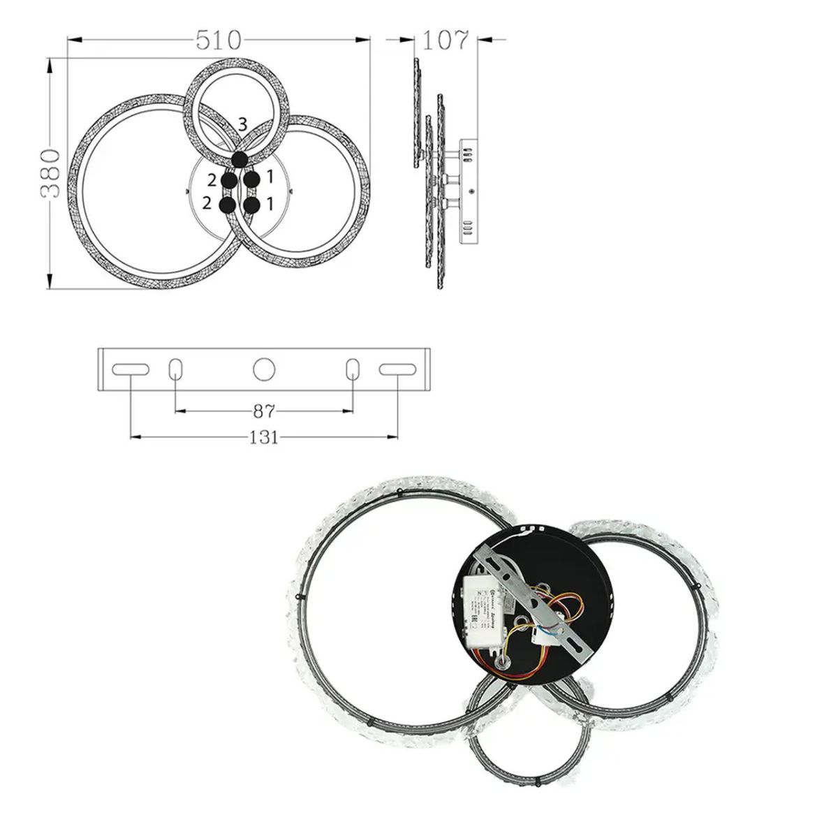 Черная Led люстра до 15 м² c пультом на три кольца 70 Вт TRIO