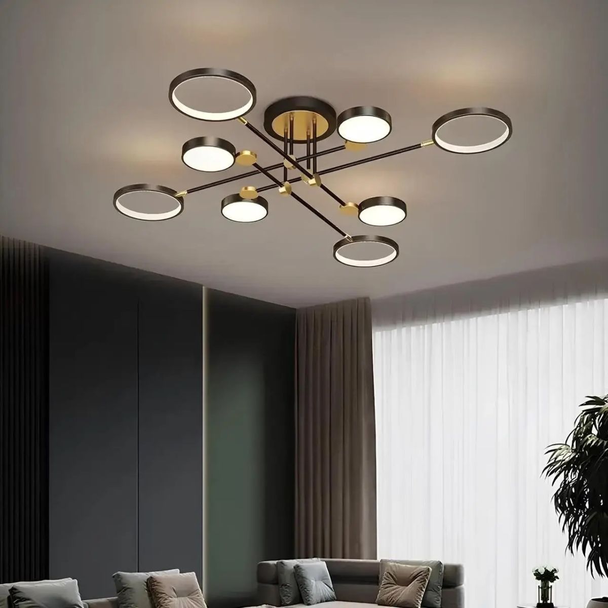 Стельова LED люстра 8 плафонів 110 см до 25 м², чорний з золотом (P537-8BK)