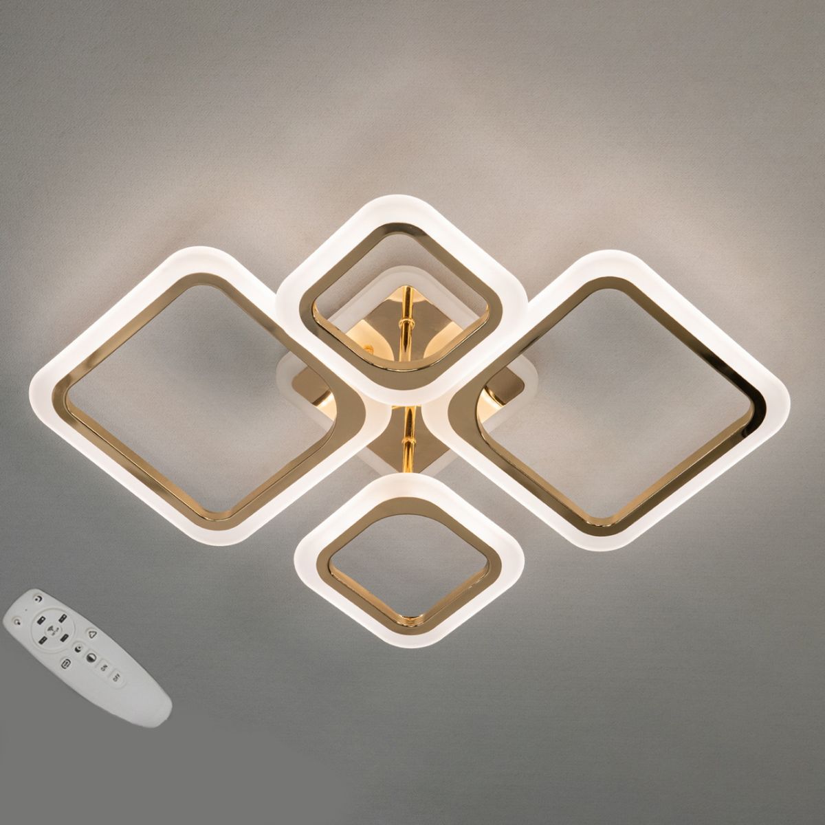 Золота Led-люстра з пультом на 4 квадрати, 80 Вт до 18 м² A8060/2+2G LED 3color dimmer