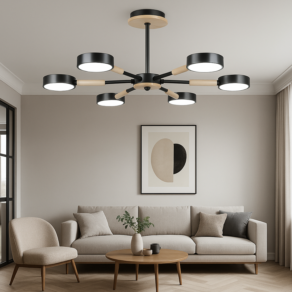 Світлодіодна чорна Led-люстра на 6 плафонів, 90W до 18 м² Sirius B N6351/6 BK+WOOD
