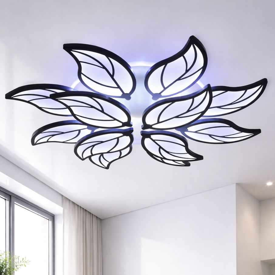Потужна LED люстра до 30 м² з пультом 180 Вт пелюстки чорно-білі (8028/8+4BK LED 3color)