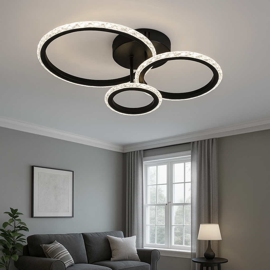 Черная Led люстра до 15 м² c пультом на три кольца 70 Вт TRIO
