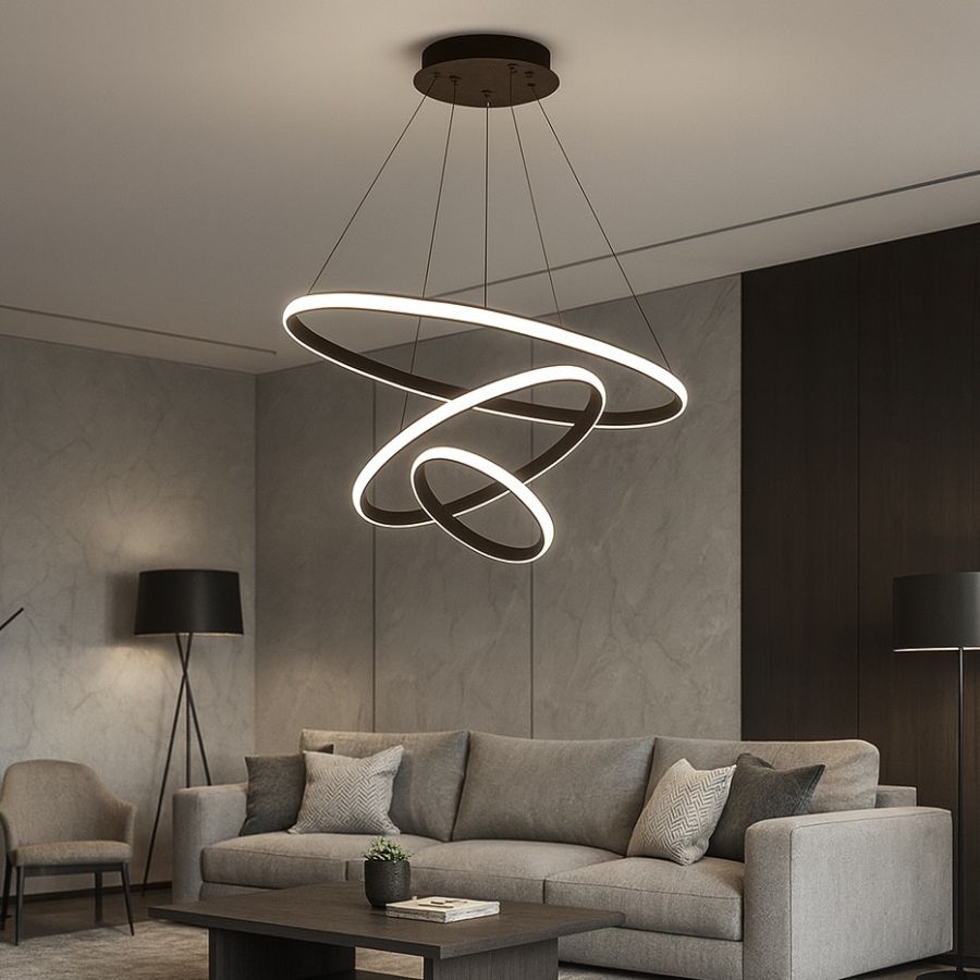 Підвісна Led люстра три кільця до 20 м² чорний корпус (LATTE 3R 75W)