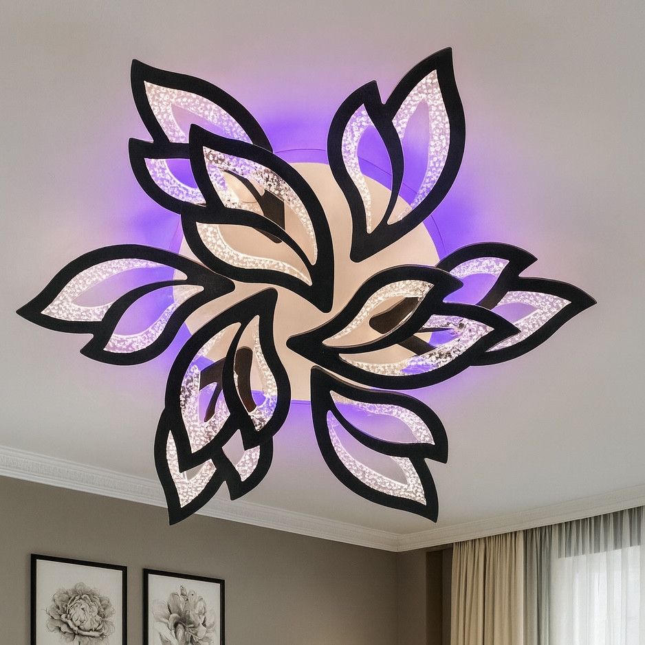 Світлодіодна Led-люстра до 20 м² з пультом на 9 пелюстків у чорному корпусі 140 Вт