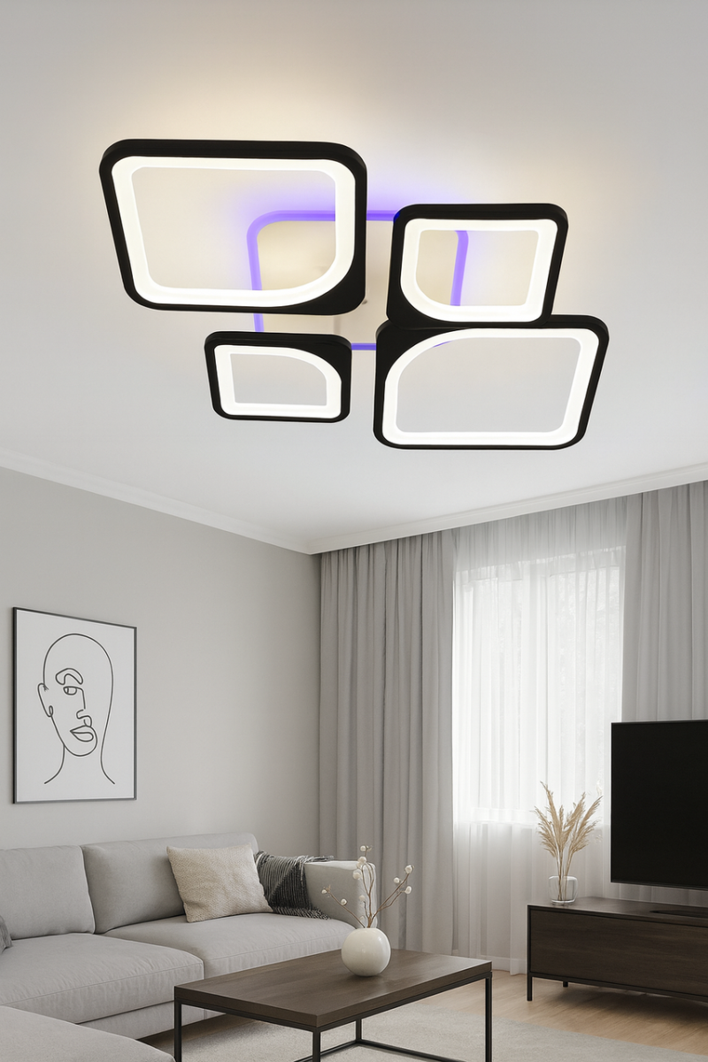 Стельова LED люстра до 18м² з пультом чорно-білий корпус RGB підсвічування
