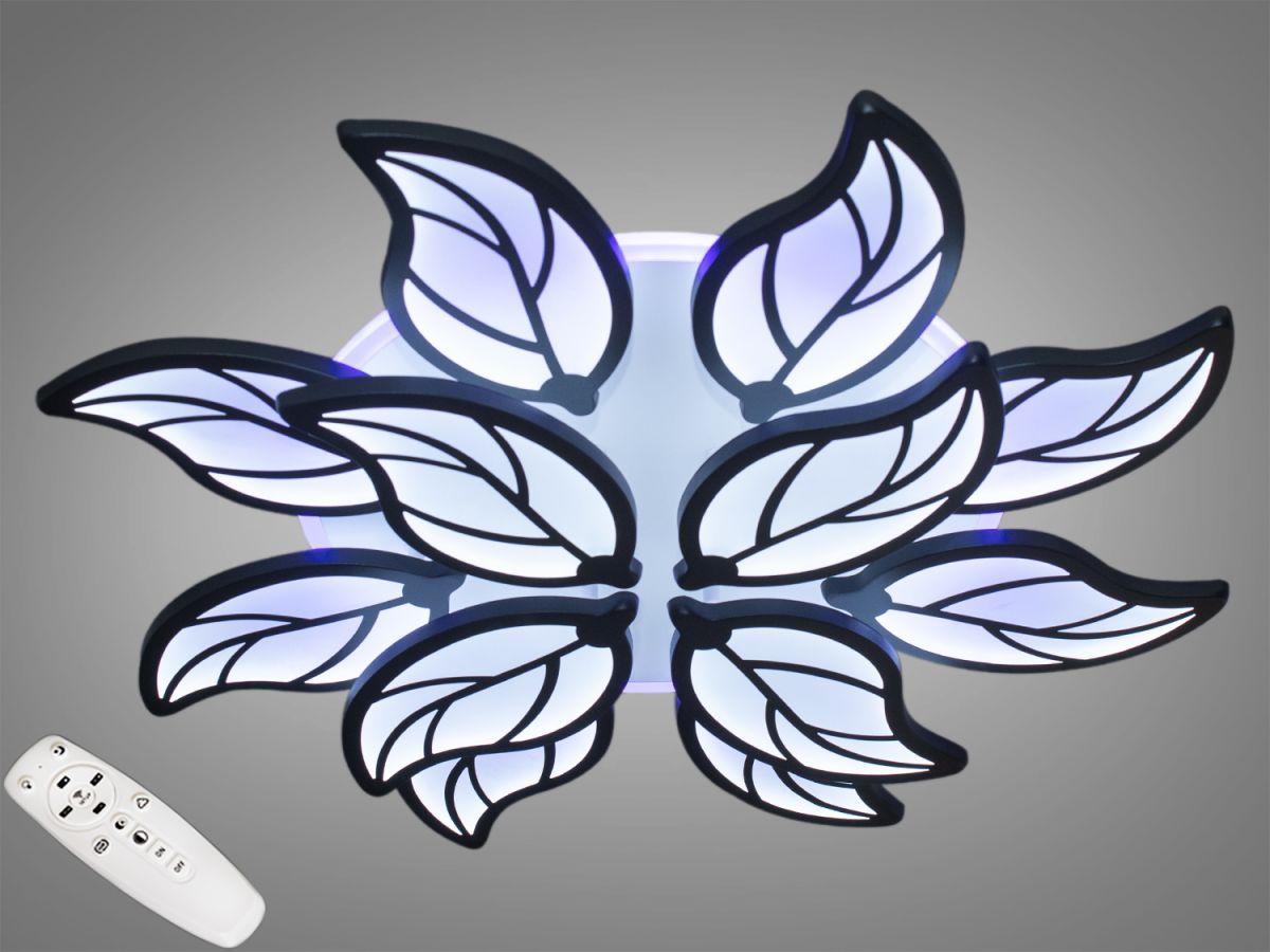 Потужна LED люстра до 30 м² з пультом 180 Вт пелюстки чорно-білі (8028/8+4BK LED 3color)
