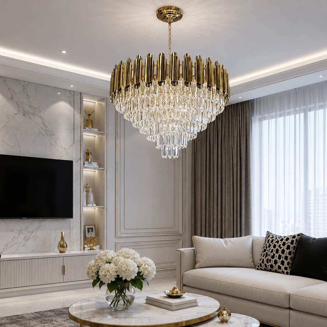 Велика кришталева люстра на 18 ламп із патроном E14 у золоті діаметр 80 см Golden Cascade Grand