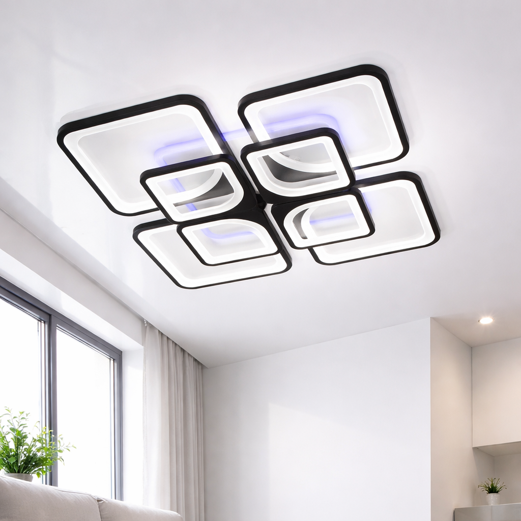 Квадратна світлодіодна люстра до 30 м² з пультом 165 Wt (8060/4+4BK LED 3color)