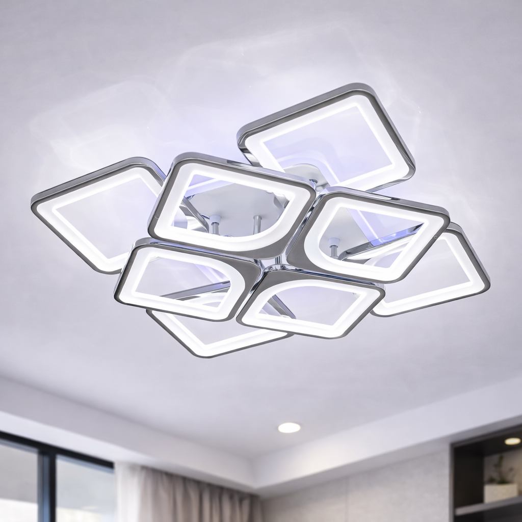 Сетодіодна Led люстра до 30 м² з пультом керування 192 Wt квадратна в срібному крупу (1142/4+4 HR)