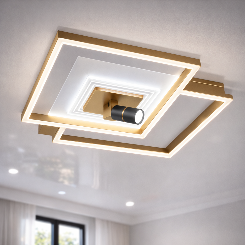 Дизайнерська квадратна LED люстра до 16м² з пультом та спотом Orbital Square Gold & White