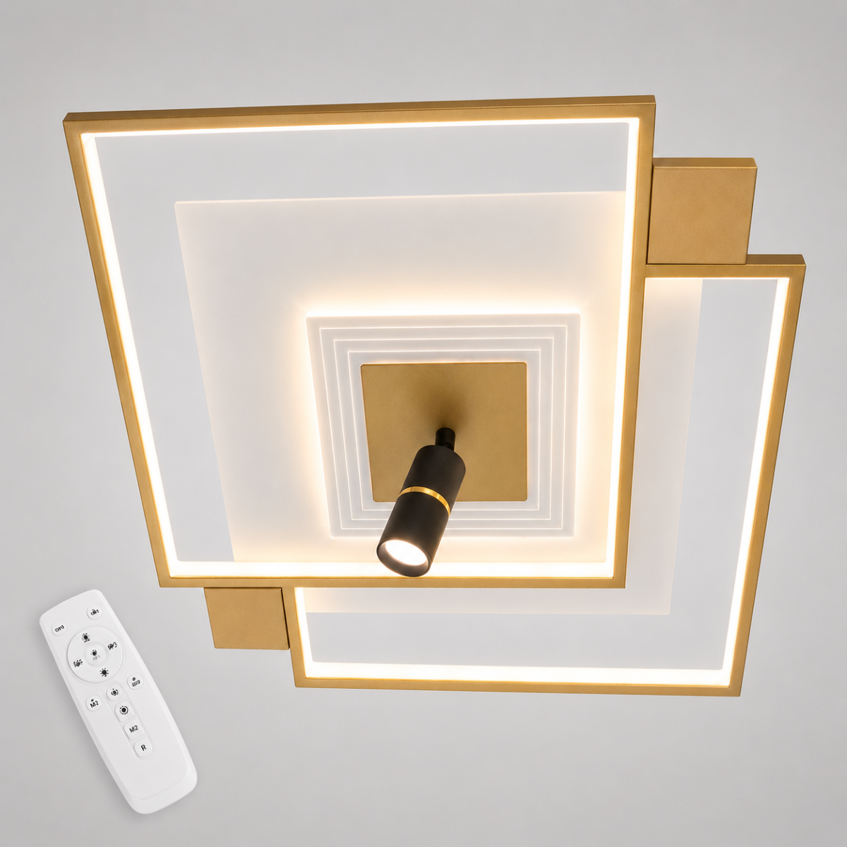 Дизайнерська квадратна LED люстра до 16м² з пультом та спотом Orbital Square Gold & White