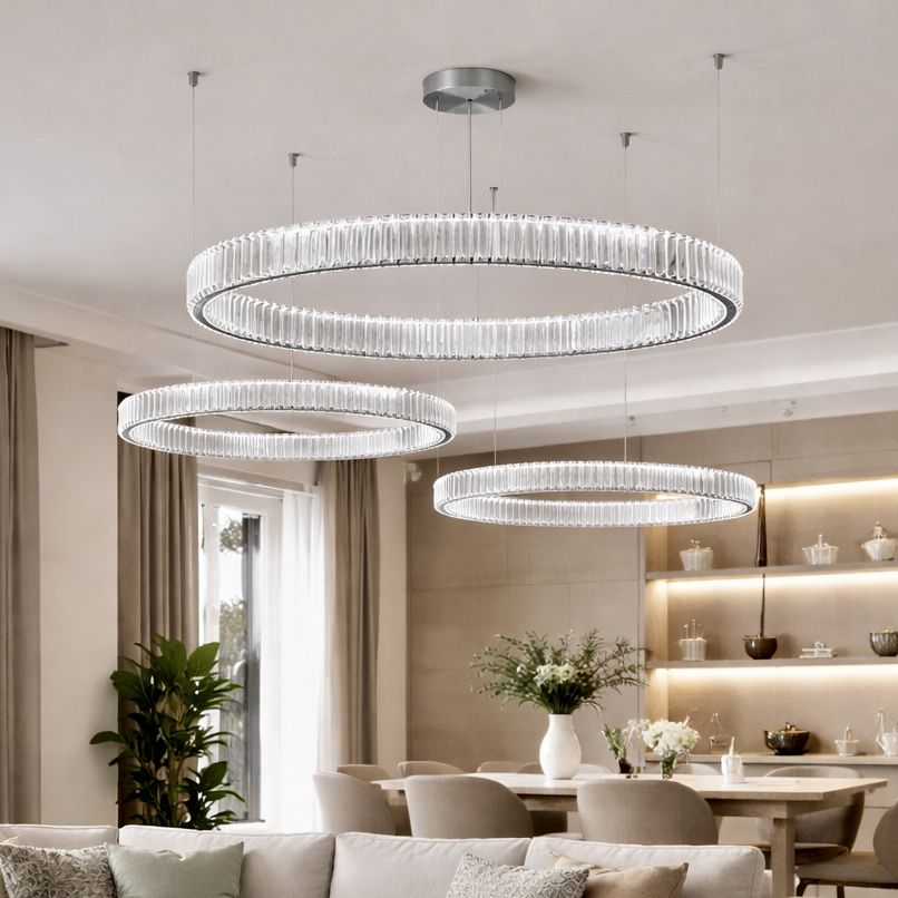 Каскадна кришталева LED люстра на 3 кільця 110 Wt для великої кімнати до 35м² "Triple Chrome Rings" (510578/30+50+70CH)