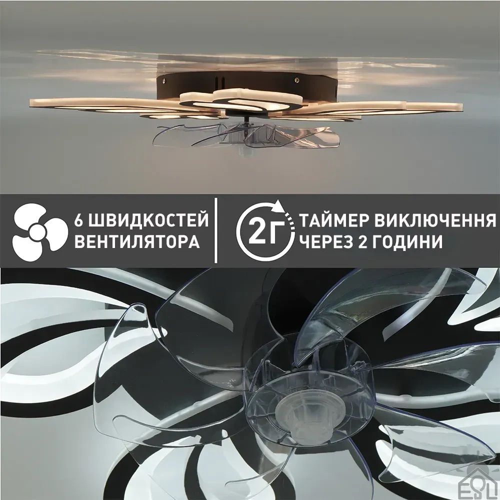 Люстра вентилятор Led 110Wt черная  до 18 м² (FAN ASTRA 85W+18W 5F)