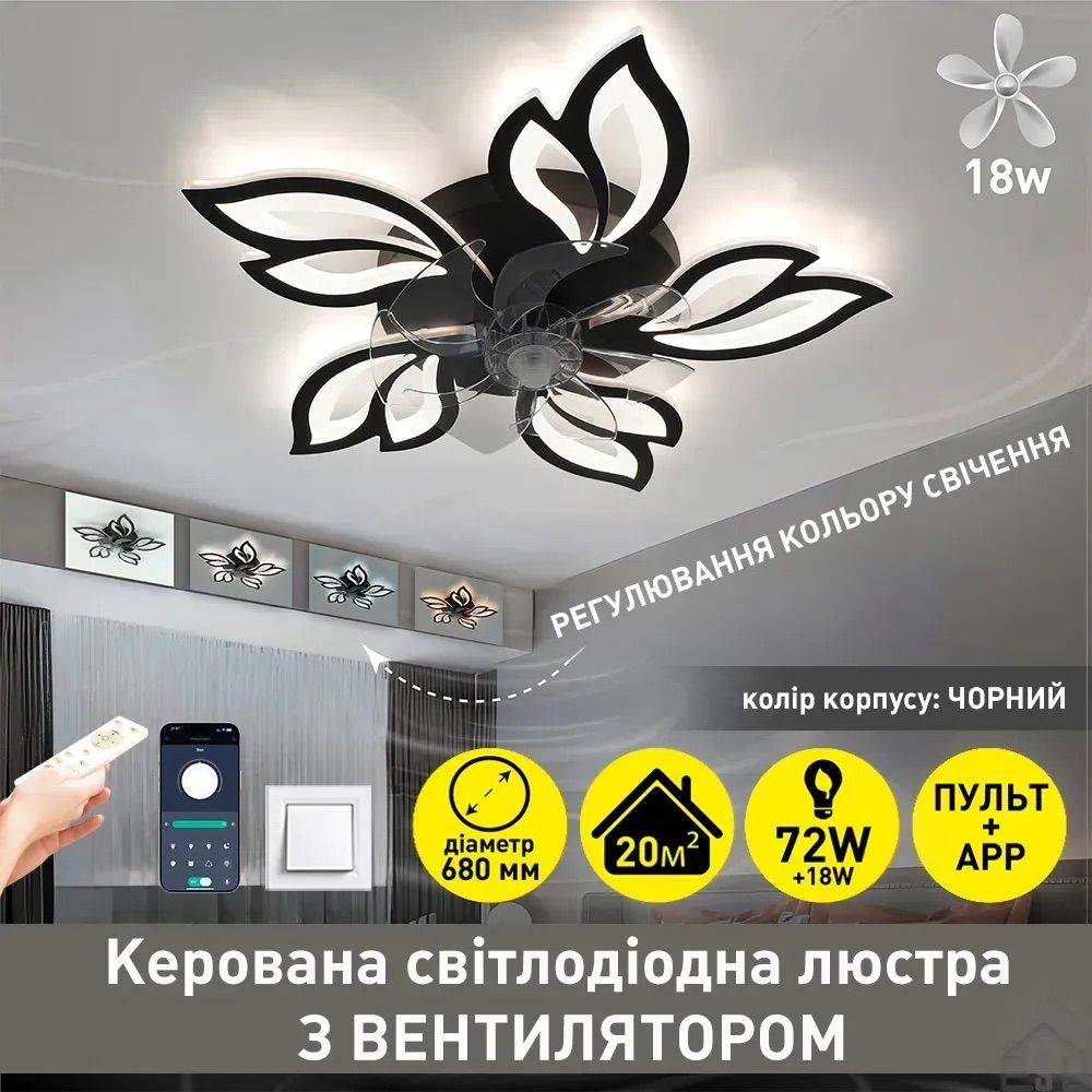 Люстра вентилятор Led 110Wt черная  до 18 м² (FAN ASTRA 85W+18W 5F)