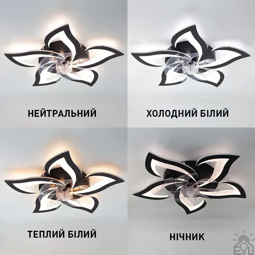 Led люстра з вентилятором до 18 м² чорний лотос (FAN ELLA 72W+18W 5F)