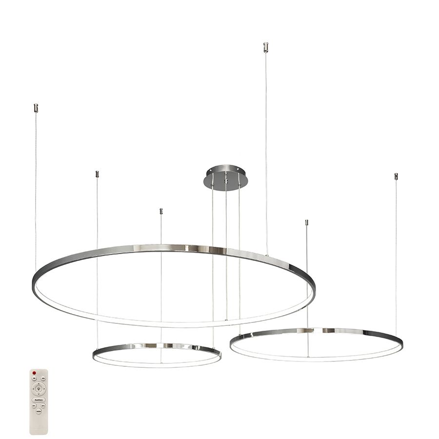 Підвісна LED люстра 170 Вт хром до 30 м² три кільця з пультом (7529832-3B CHROME)