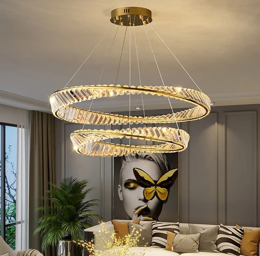 Елітна підвісна LED люстра Double Crystal Ring Gold  80+60 см (P625/800+600GD)