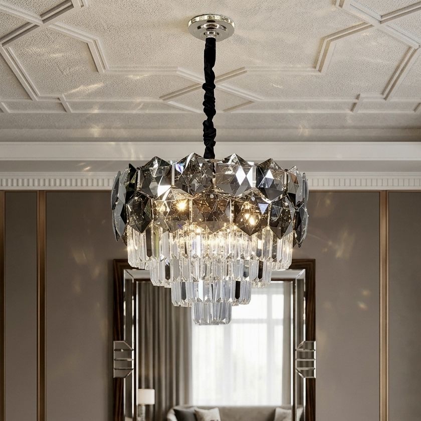 Підвісна кришталева люстра діаметр 50 см до 20 м², золото з димчастим і прозорим кристалом (80933/500)