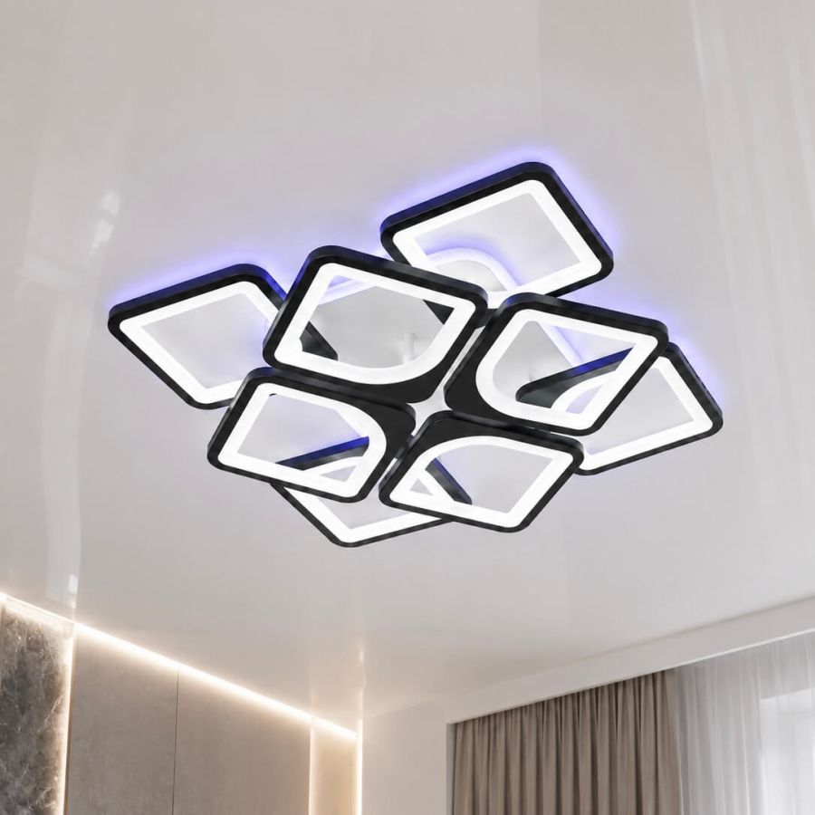 Потужна LED люстра на 8 квадратів з пультом до 30м² та кольоровою підсвіткою (1142/4+4 BK)
