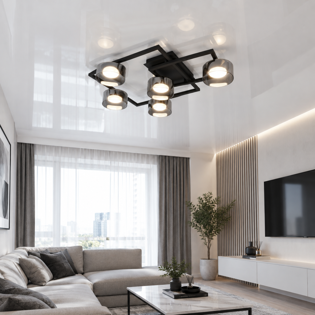 Сучасна стельова люстра чорна на 5 патронів GX53 FLAMINGO-S