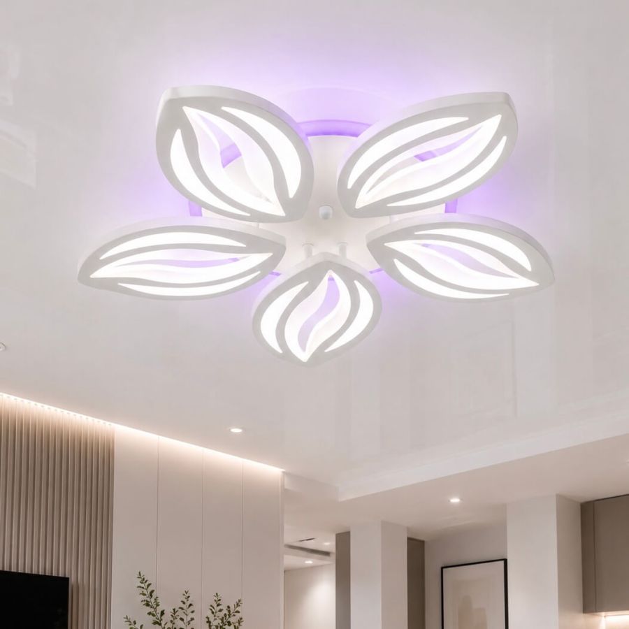 Світлодіодна LED люстра 120W у формі квітки для вітальні 55 см біла з пульт (1141/5 Wh)