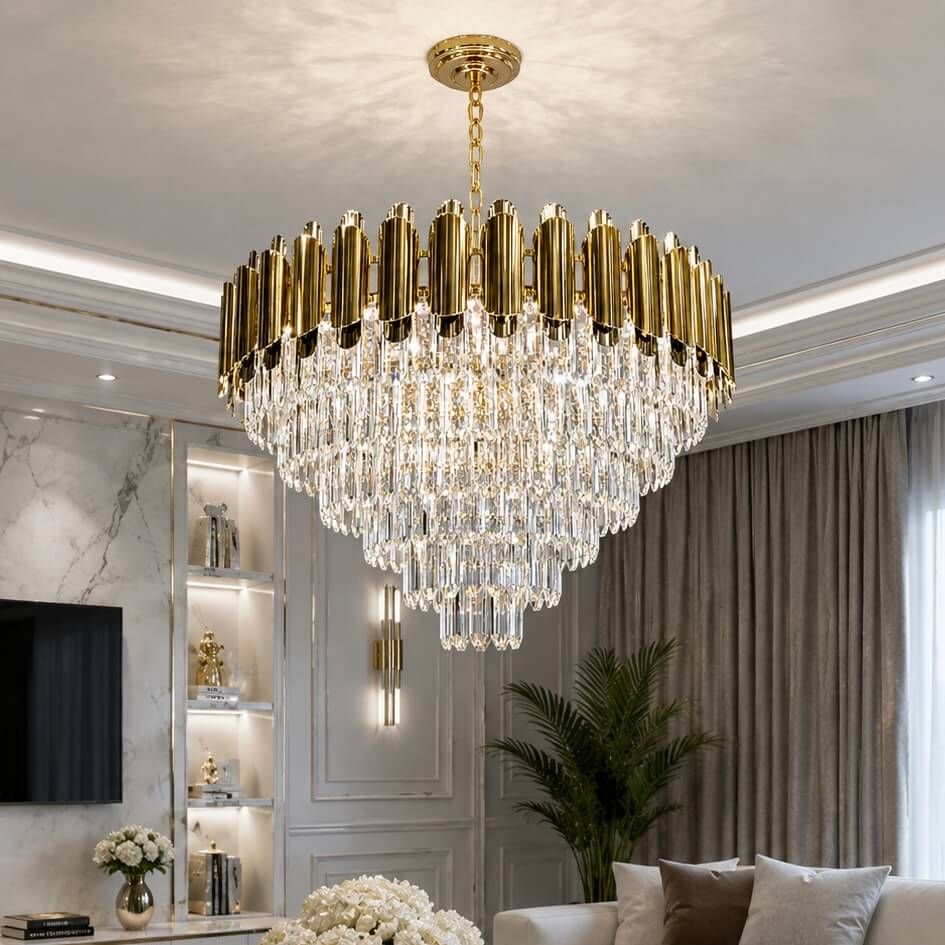 Велика кришталева люстра на 18 ламп із патроном E14 у золоті діаметр 80 см Golden Cascade Grand