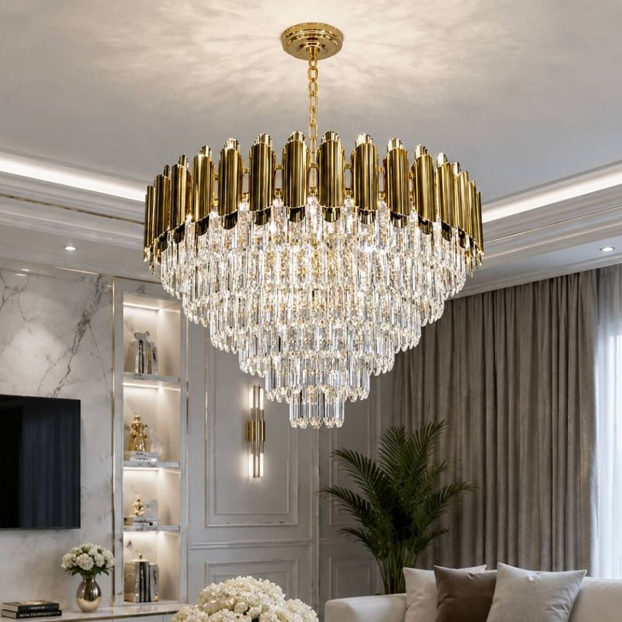 Велика кришталева люстра на 18 ламп із патроном E14 у золоті діаметр 80 см Golden Cascade Grand